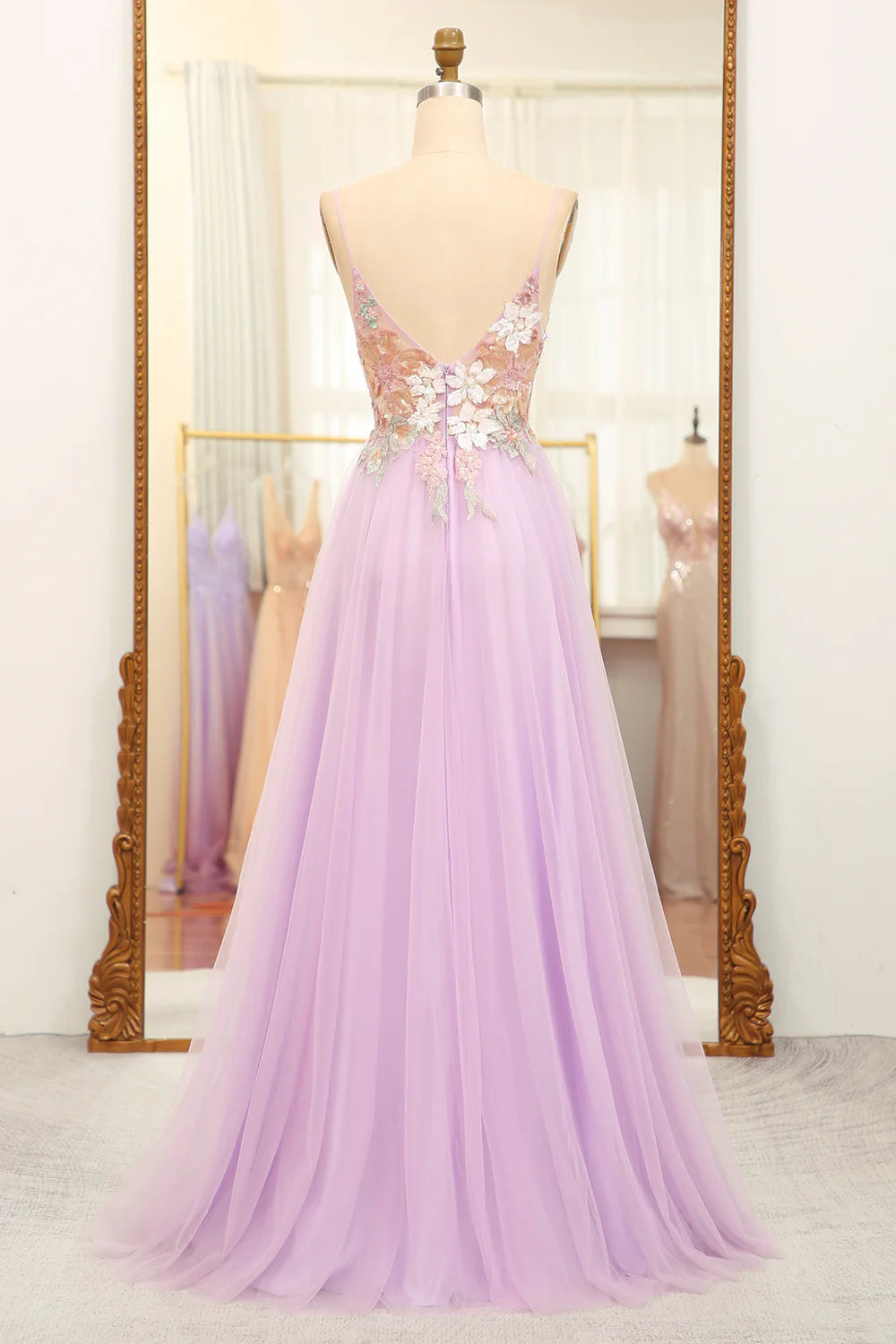 Amzcw A-Line Spaghetti Straps Long Lilac Prom Dress with Flowers