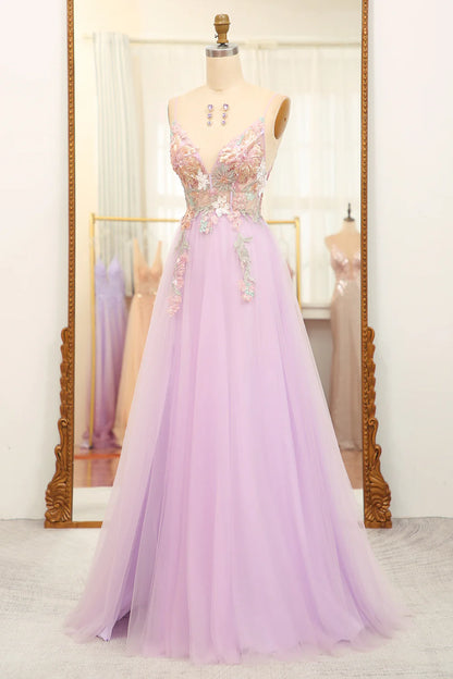 Amzcw A-Line Spaghetti Straps Long Lilac Prom Dress with Flowers
