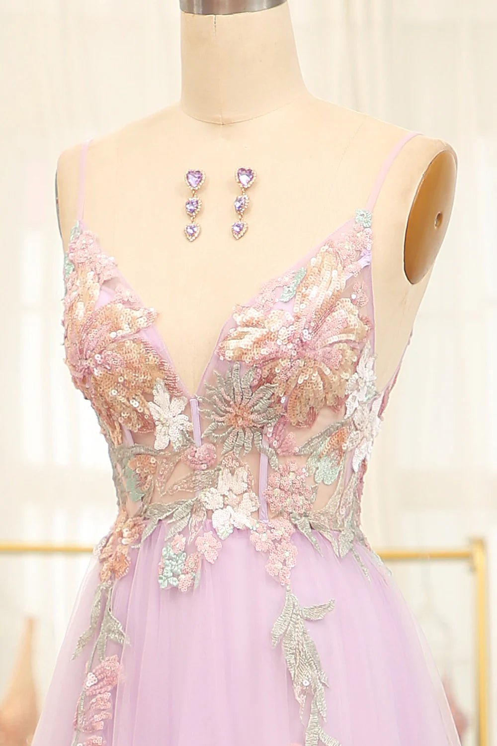 Amzcw A-Line Spaghetti Straps Long Lilac Prom Dress with Flowers
