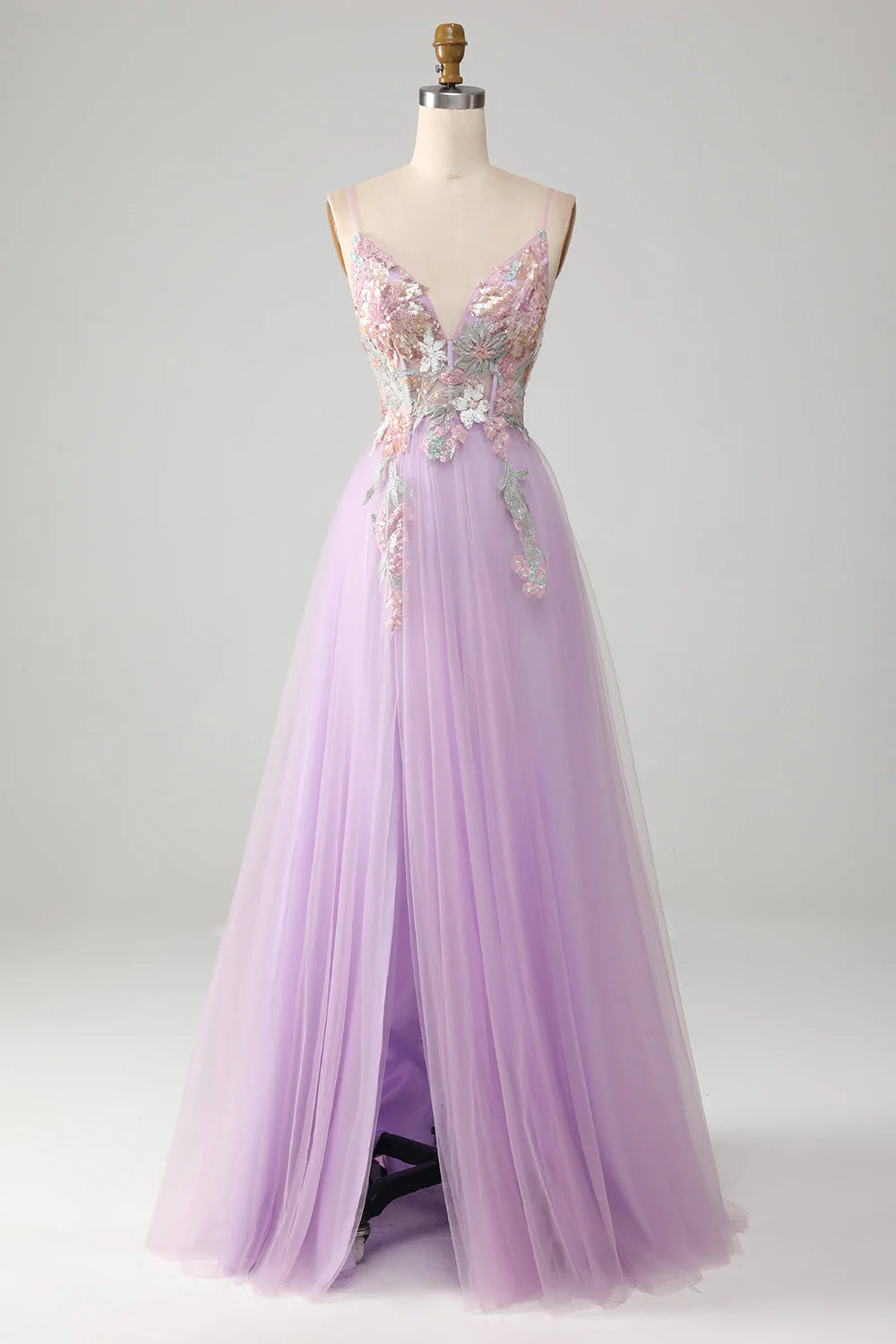 Amzcw Glitter Lilac A-Line Spaghetti Straps Long Prom Dress with Flowers