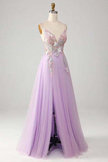 Amzcw Glitter Lilac A-Line Spaghetti Straps Long Prom Dress with Flowers