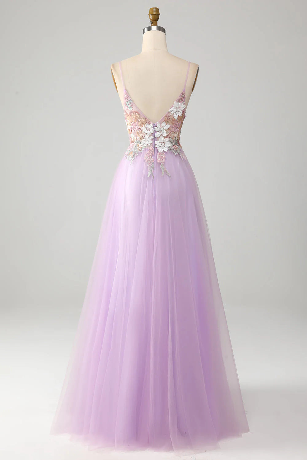 Amzcw Glitter Lilac A-Line Spaghetti Straps Long Prom Dress with Flowers