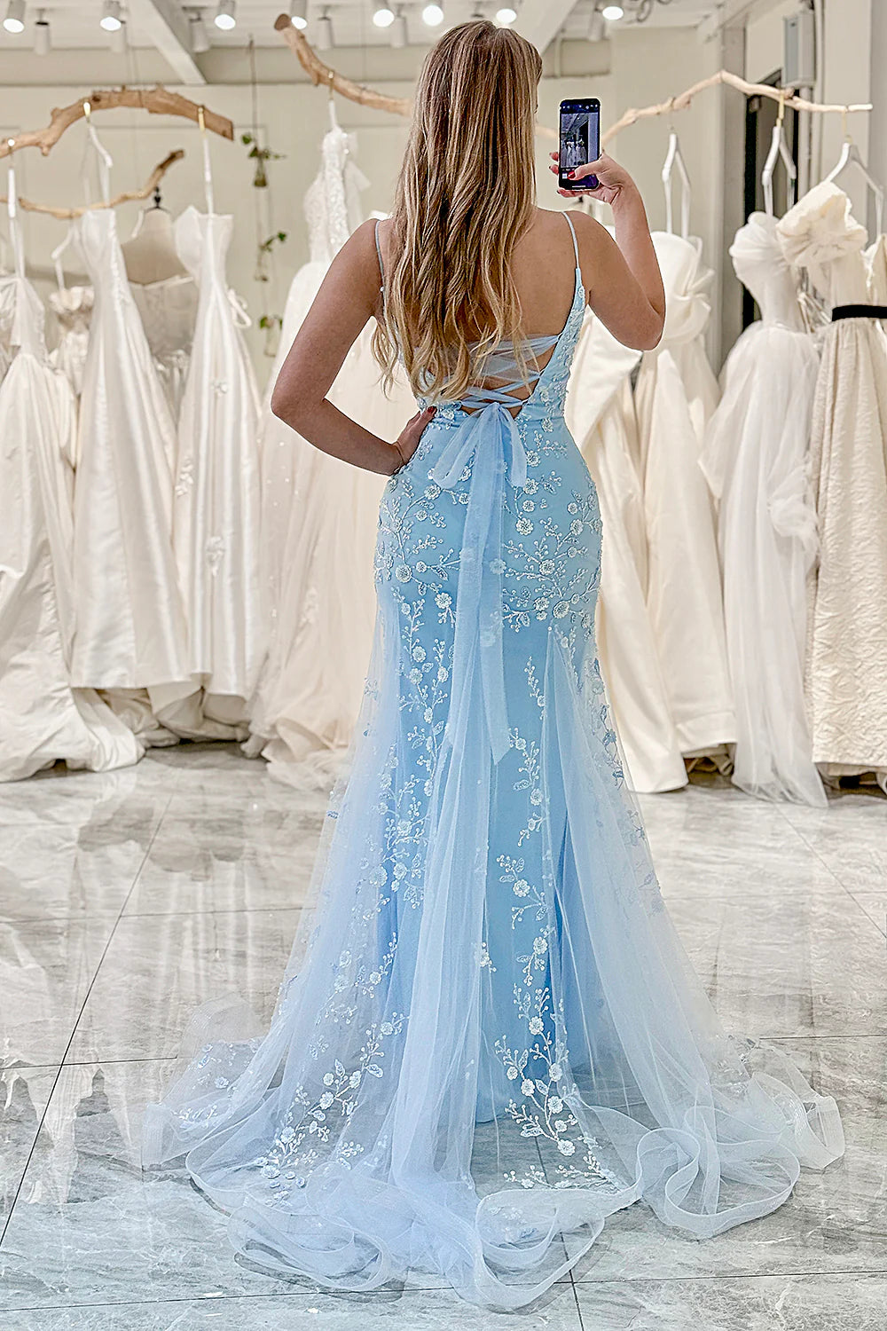 Amzcw Mermaid Spaghetti Straps Long Blue Prom Dress With Appliques