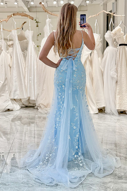 Amzcw Mermaid Spaghetti Straps Long Blue Prom Dress With Appliques