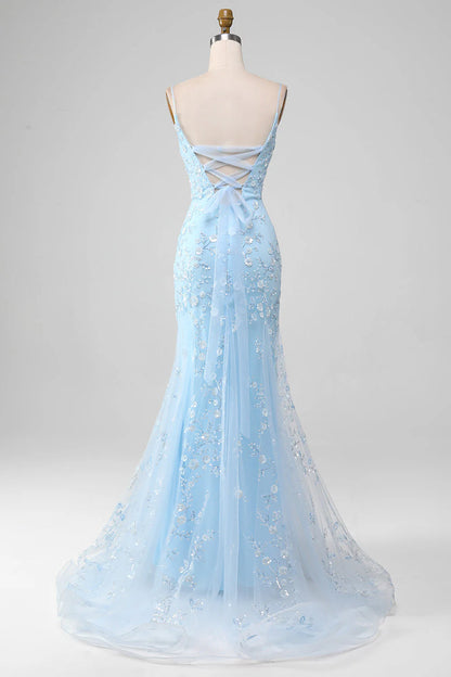 Amzcw Sparkly Light Blue Mermaid Beaded Long Prom Dress With Appliques
