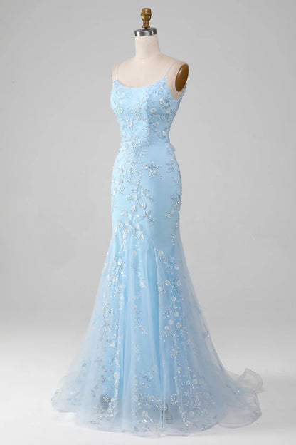 Amzcw Sparkly Light Blue Mermaid Beaded Long Prom Dress With Appliques