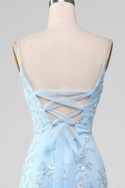 Amzcw Sparkly Light Blue Mermaid Beaded Long Prom Dress With Appliques