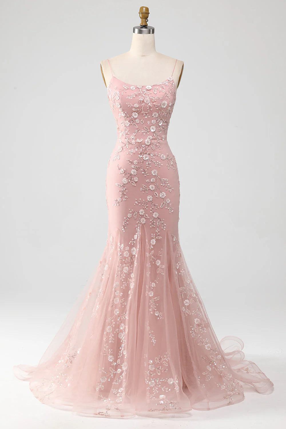 Amzcw Blush Mermiad Spaghetti Straps Long Prom Dress with Appliques