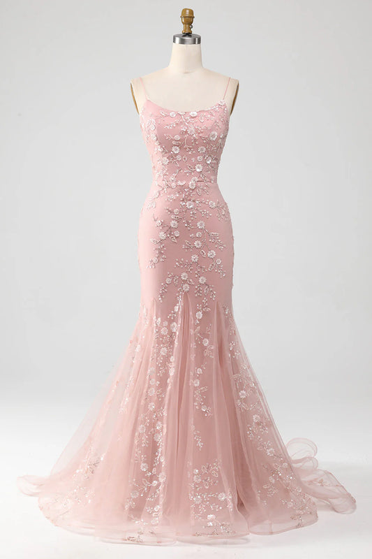 Amzcw Blush Mermiad Spaghetti Straps Long Prom Dress with Appliques
