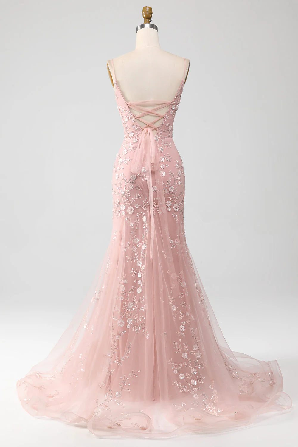 Amzcw Blush Mermiad Spaghetti Straps Long Prom Dress with Appliques