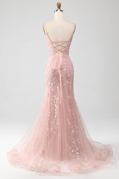 Amzcw Blush Mermiad Spaghetti Straps Long Prom Dress with Appliques