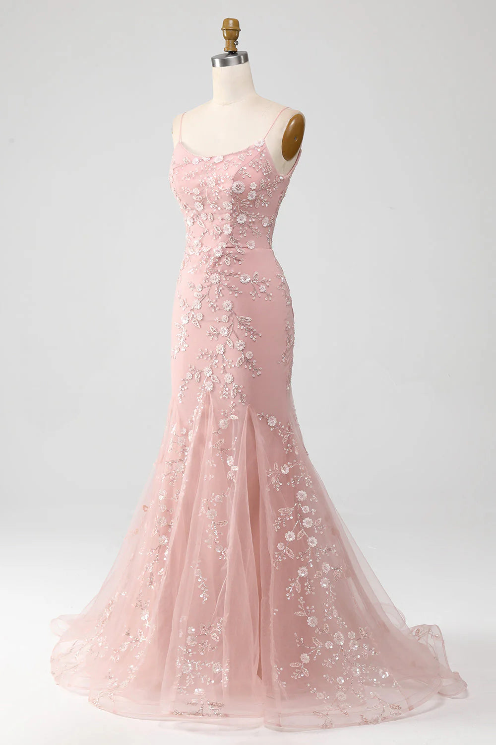 Amzcw Blush Mermiad Spaghetti Straps Long Prom Dress with Appliques