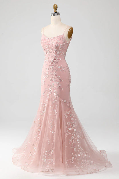 Amzcw Blush Mermiad Spaghetti Straps Long Prom Dress with Appliques