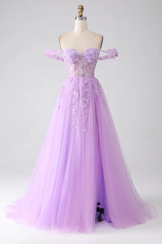 Amzcw Lilac A-Line Off The Shoulder Beaded Corset Long Prom Dress With Slit