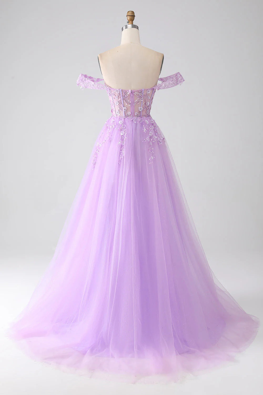 Amzcw Lilac A-Line Off The Shoulder Beaded Corset Long Prom Dress With Slit