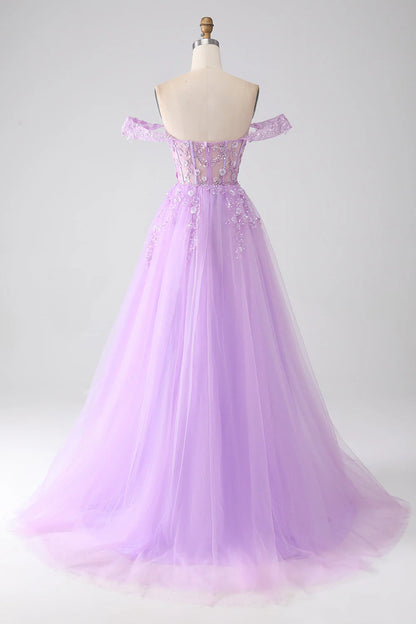Amzcw Lilac A-Line Off The Shoulder Beaded Corset Long Prom Dress With Slit