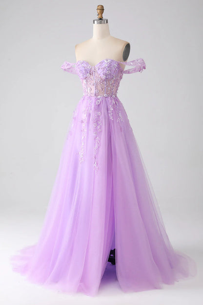 Amzcw Lilac A-Line Off The Shoulder Beaded Corset Long Prom Dress With Slit