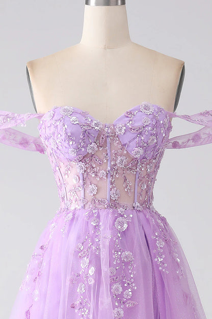 Amzcw Lilac A-Line Off The Shoulder Beaded Corset Long Prom Dress With Slit