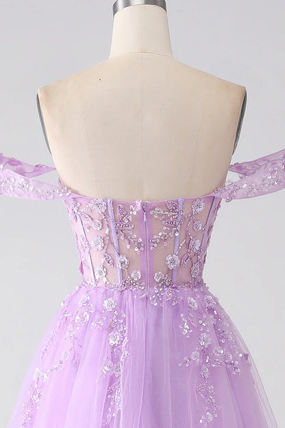 Amzcw Lilac A-Line Off The Shoulder Beaded Corset Long Prom Dress With Slit
