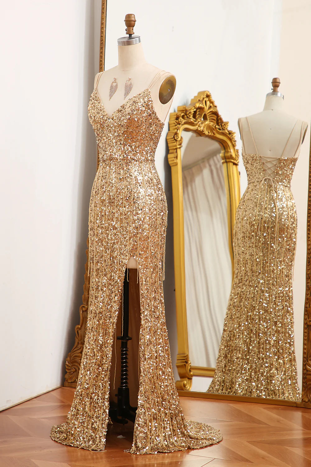 Amzcw Sparkly Gold Mermaid Long Corset Sequins Prom Dress with Slit