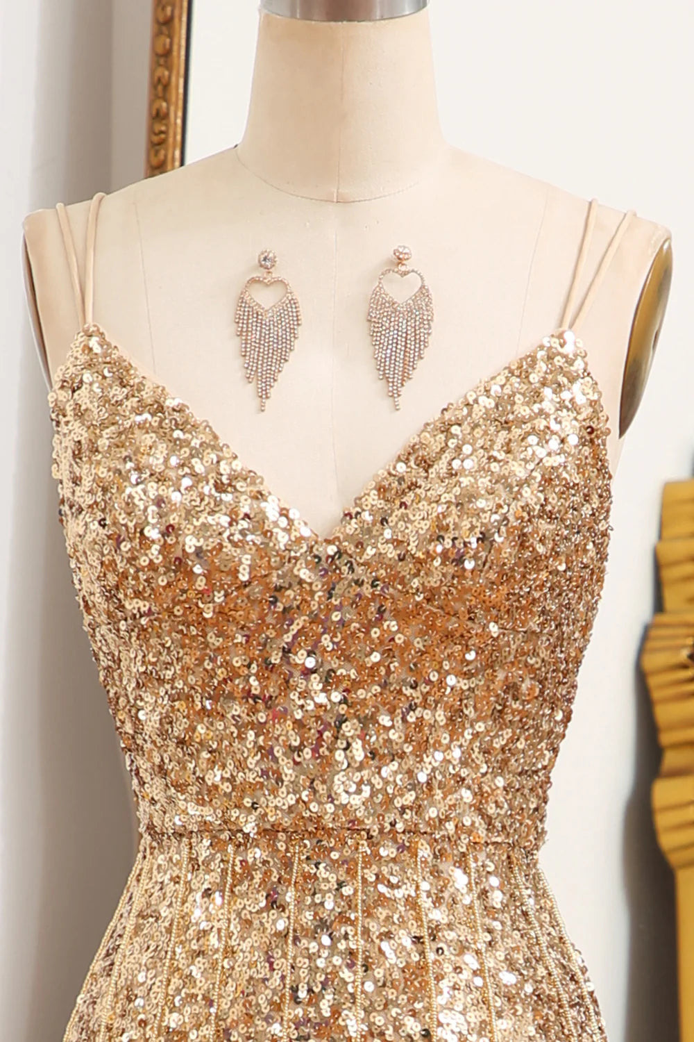 Amzcw Sparkly Gold Mermaid Long Corset Sequins Prom Dress with Slit