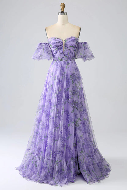 Amzcw Lavender A Line Off the Shoulder Printed Prom Dress with Removable Sleeves prom dresses with long sleeves