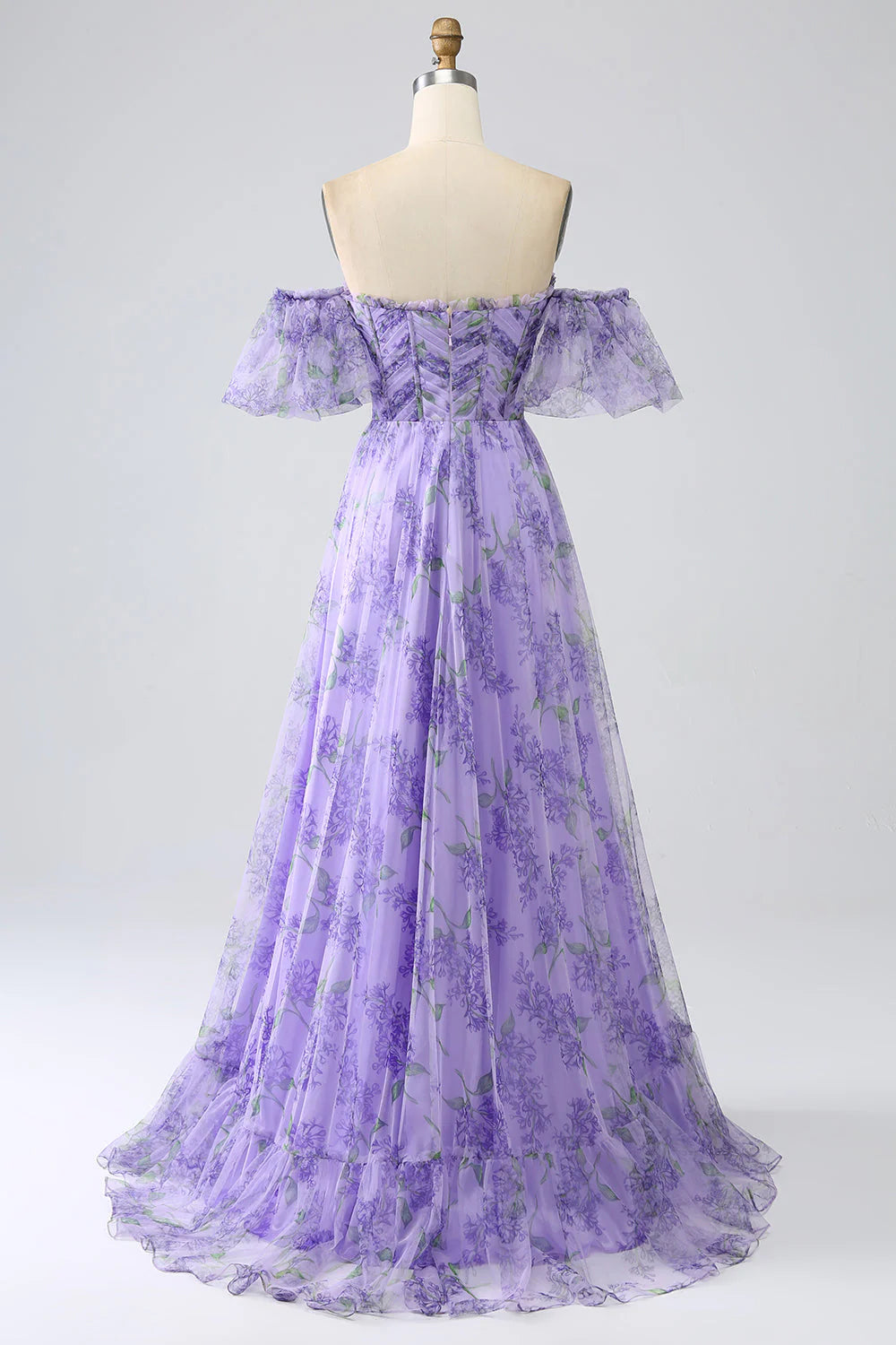 Amzcw Lavender A Line Off the Shoulder Printed Prom Dress with Removable Sleeves prom dresses with long sleeves