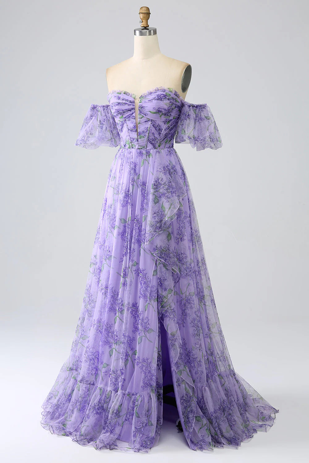 Amzcw Lavender A Line Off the Shoulder Printed Prom Dress with Removable Sleeves prom dresses with long sleeves