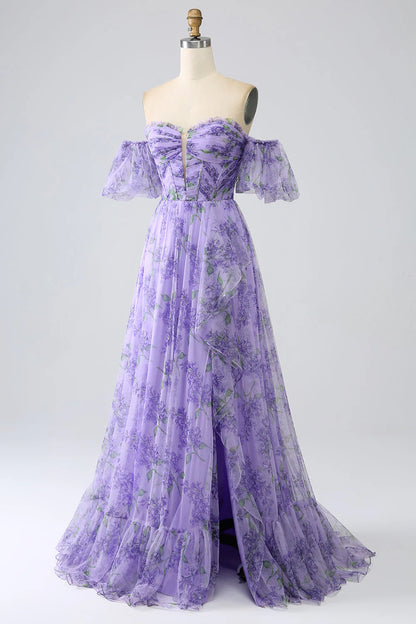 Amzcw Lavender A Line Off the Shoulder Printed Prom Dress with Removable Sleeves prom dresses with long sleeves