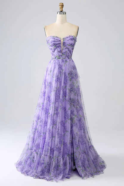 Amzcw Lavender A Line Off the Shoulder Printed Prom Dress with Removable Sleeves prom dresses with long sleeves