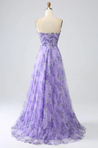 Amzcw Lavender A Line Off the Shoulder Printed Prom Dress with Removable Sleeves prom dresses with long sleeves