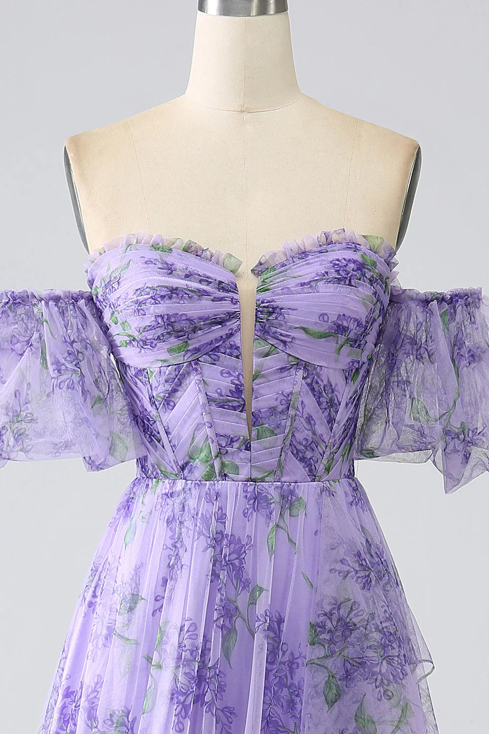 Amzcw Lavender A Line Off the Shoulder Printed Prom Dress with Removable Sleeves prom dresses with long sleeves