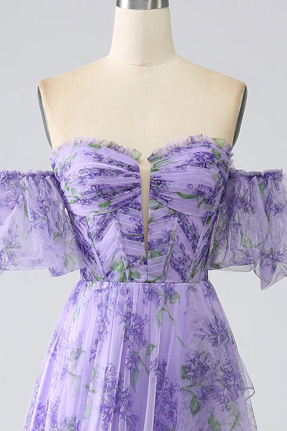 Amzcw Lavender A Line Off the Shoulder Printed Prom Dress with Removable Sleeves prom dresses with long sleeves