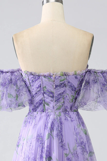 Amzcw Lavender A Line Off the Shoulder Printed Prom Dress with Removable Sleeves prom dresses with long sleeves