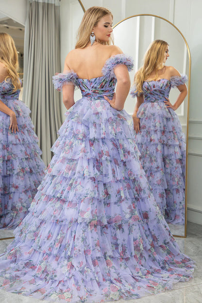Amzcw Lavendar A Line Sweetheart Pleated Floral Print Long Tiered Prom Dress prom dresses with long sleeves