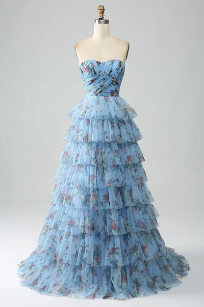 Amzcw Blue A-Line Off the Shoulder Floral Printed Tiered Prom Dress with Pleated prom dresses shops