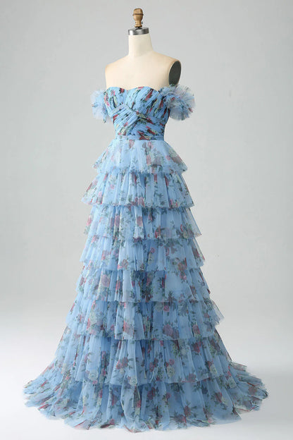 Amzcw Blue A-Line Off the Shoulder Floral Printed Tiered Prom Dress with Pleated prom dresses shops