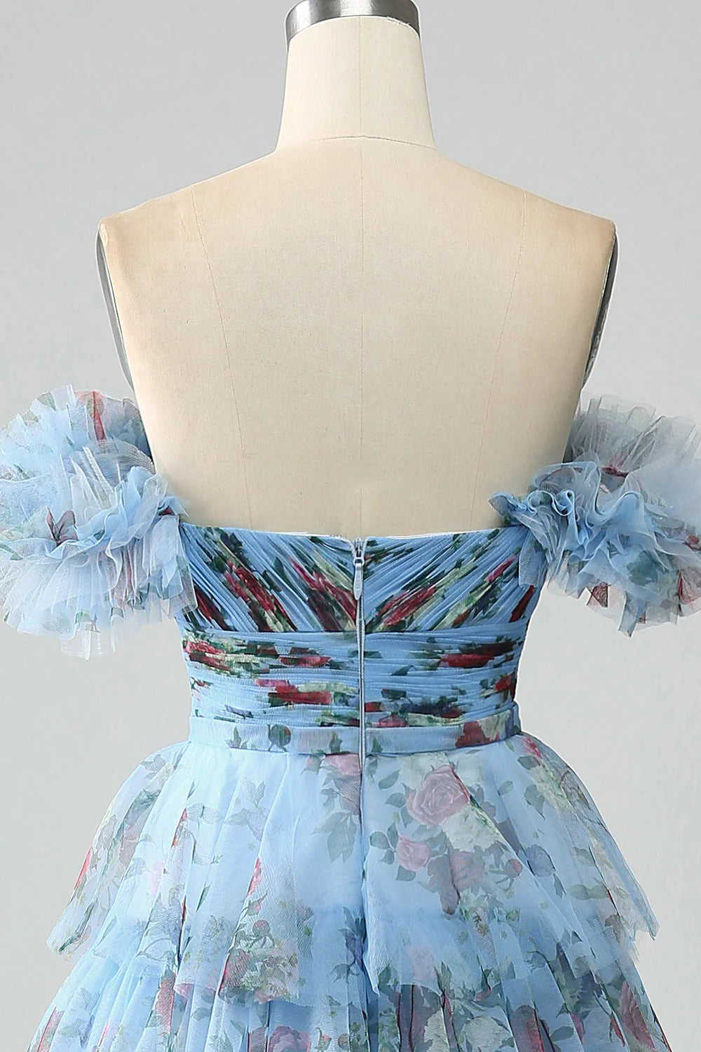 Amzcw Blue A-Line Off the Shoulder Floral Printed Tiered Prom Dress with Pleated prom dresses shops