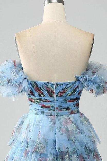Amzcw Blue A-Line Off the Shoulder Floral Printed Tiered Prom Dress with Pleated prom dresses shops