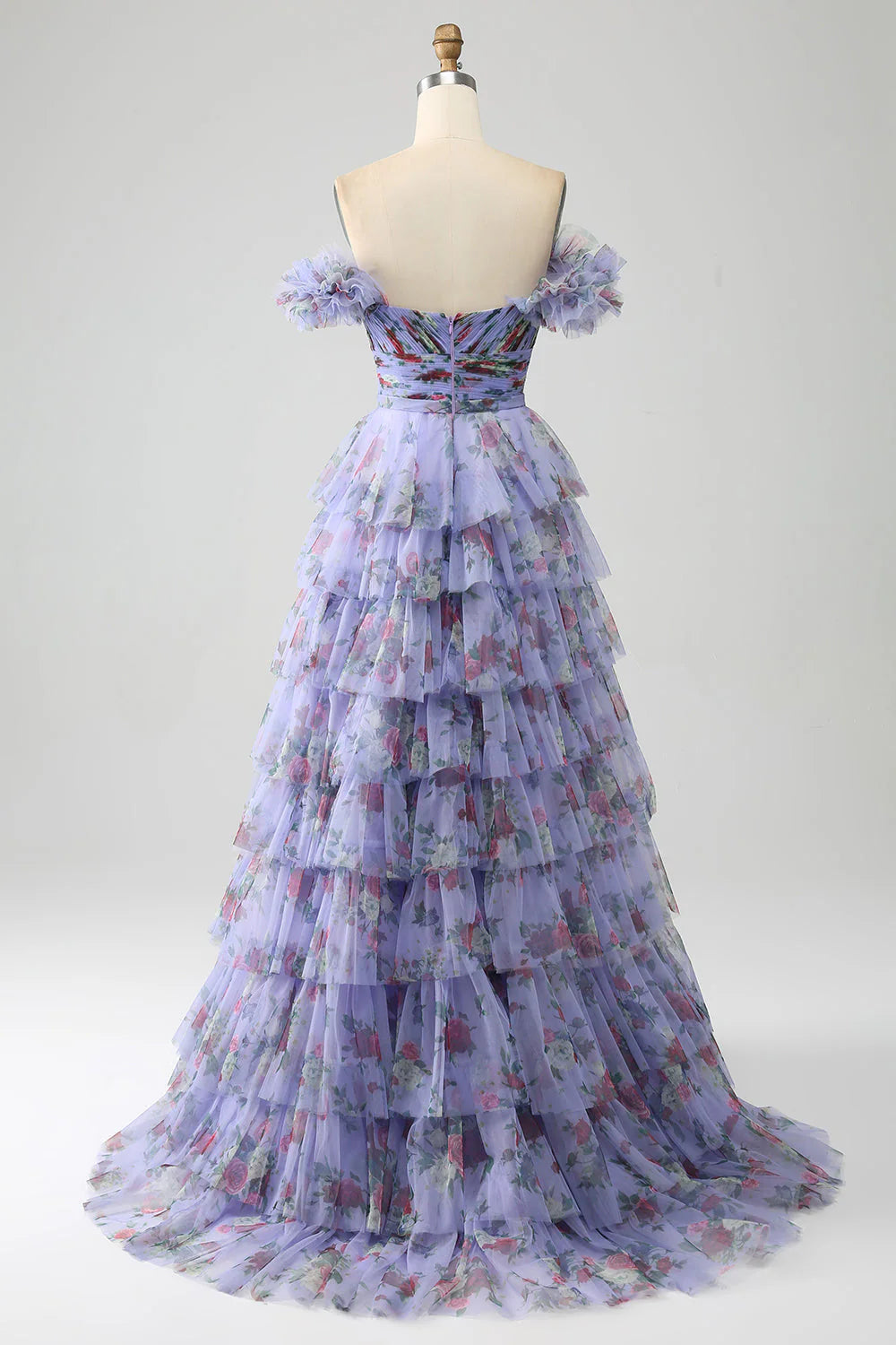 Amzcw Lavender A-Line Off the Shoulder Floral Printed Tiered Prom Dress with Pleated prom dresses shops