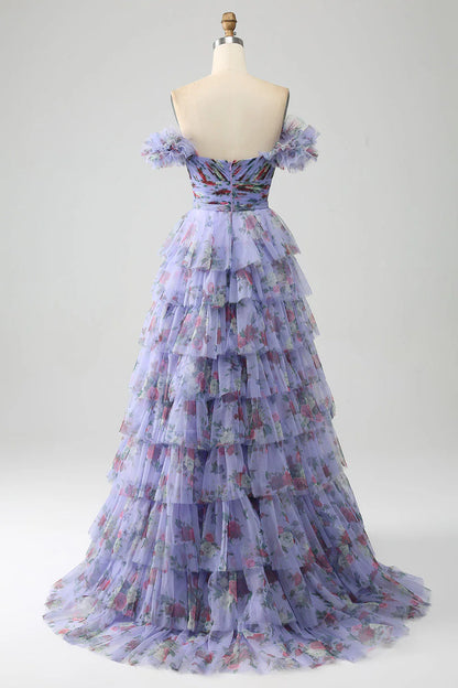 Amzcw Lavender A-Line Off the Shoulder Floral Printed Tiered Prom Dress with Pleated prom dresses shops