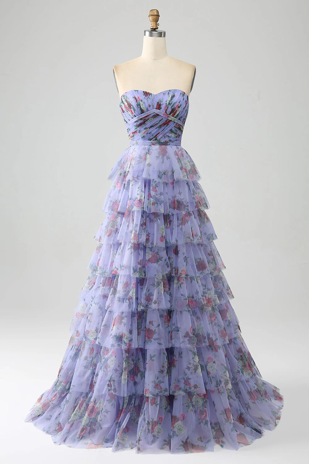 Amzcw Lavender A-Line Off the Shoulder Floral Printed Tiered Prom Dress with Pleated prom dresses shops