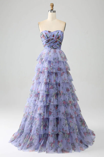 Amzcw Lavender A-Line Off the Shoulder Floral Printed Tiered Prom Dress with Pleated prom dresses shops