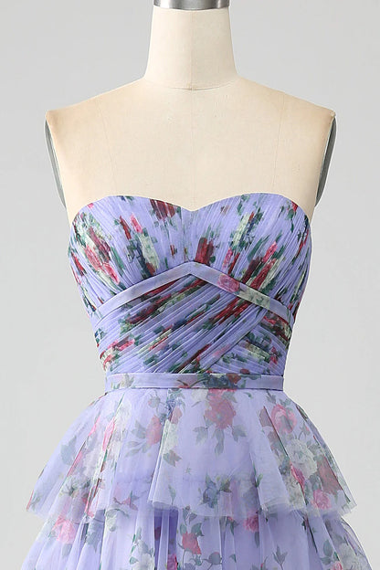 Amzcw Lavender A-Line Off the Shoulder Floral Printed Tiered Prom Dress with Pleated prom dresses shops