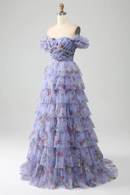 Amzcw Lavender A-Line Off the Shoulder Floral Printed Tiered Prom Dress with Pleated prom dresses shops
