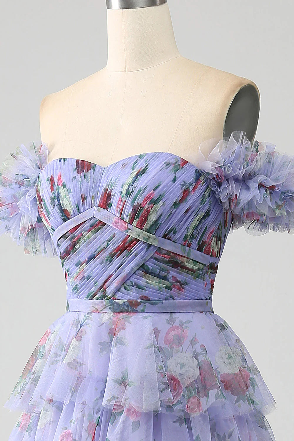 Amzcw Lavender A-Line Off the Shoulder Floral Printed Tiered Prom Dress with Pleated prom dresses shops