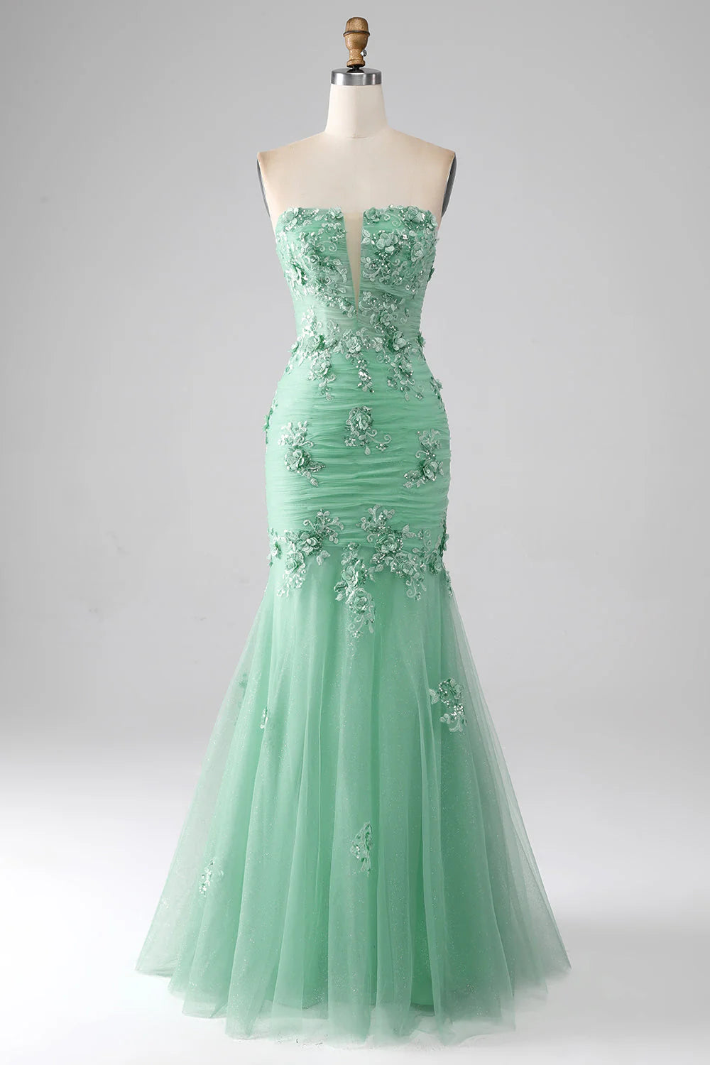 Amzcw Green Mermaid Strapless Tulle Long Prom Dress with Appliques