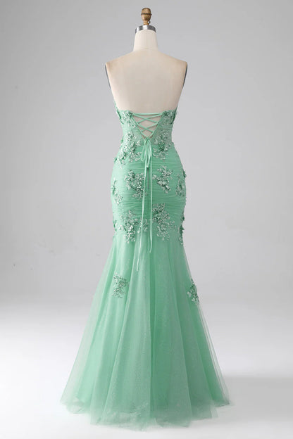 Amzcw Green Mermaid Strapless Tulle Long Prom Dress with Appliques