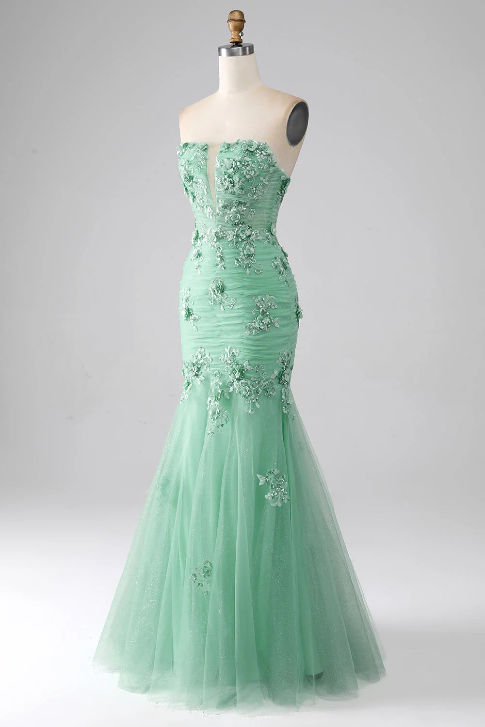 Amzcw Green Mermaid Strapless Tulle Long Prom Dress with Appliques