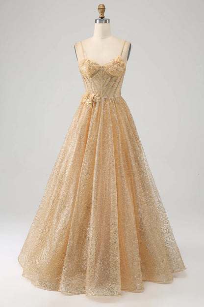 Amzcw Glitter Golden A-Line Spaghetti Straps Corset Long Prom Dress with Flowers prom dresses shops
